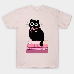 pink coquette cat on stack of books T-Shirt